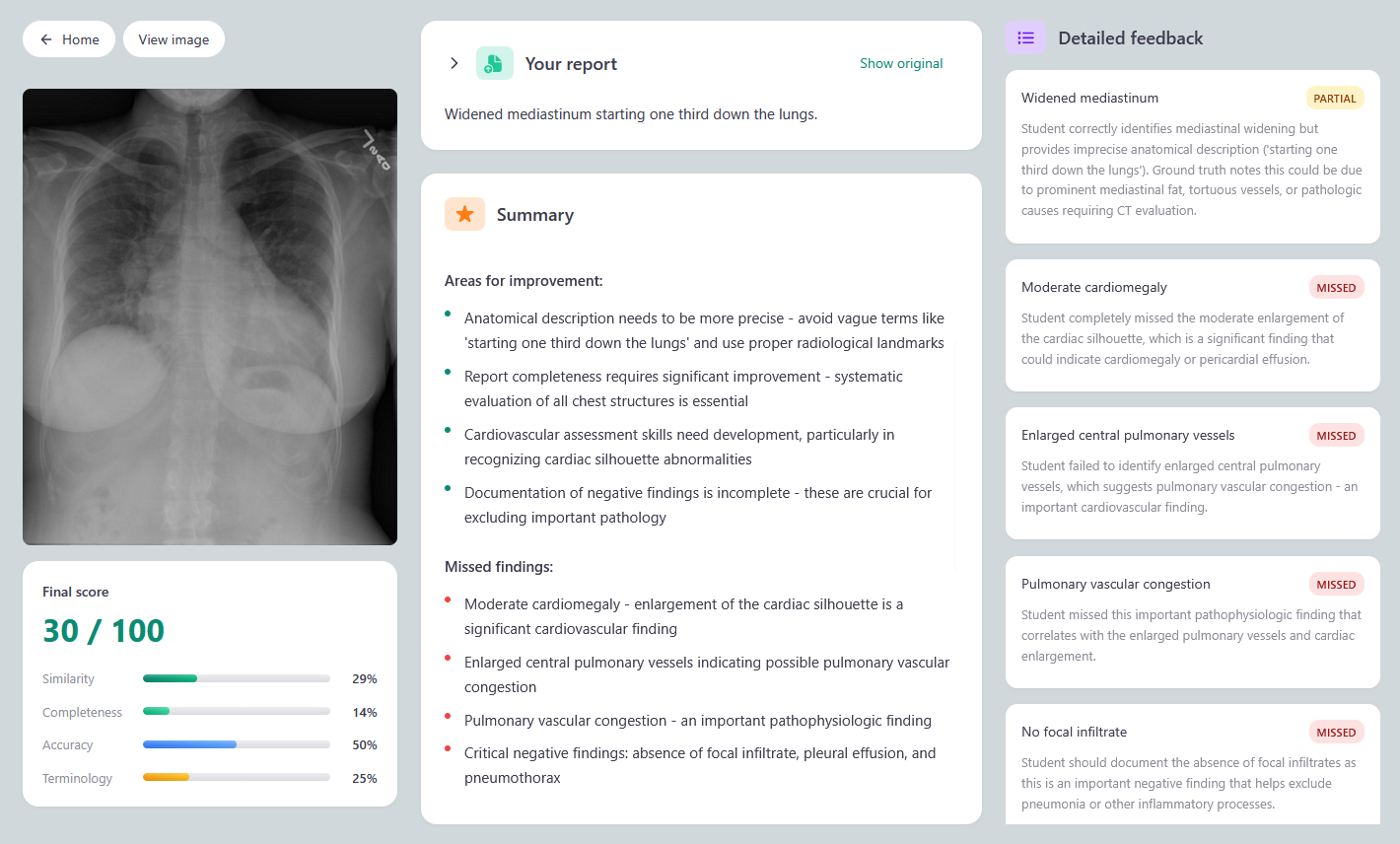 MedDaaS detailed feedback page with scoring breakdown for similarity, completeness, accuracy, and terminology