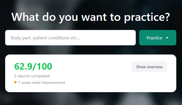 MedDaaS homepage with search bar and progress card showing a score of 62.9/100 with 2 reports completed